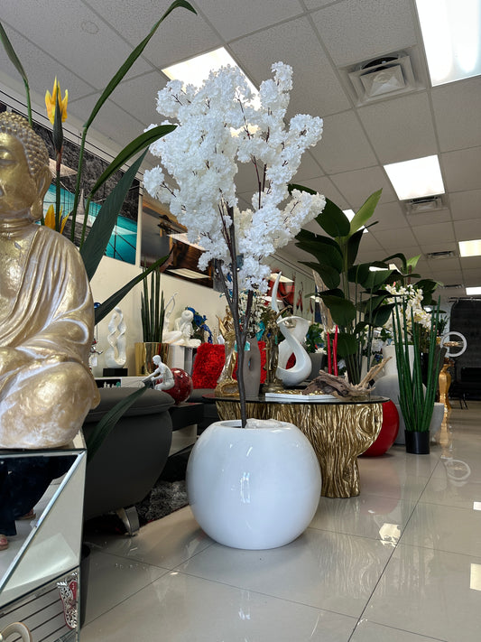 White Flower Arrangement in Round White Planter