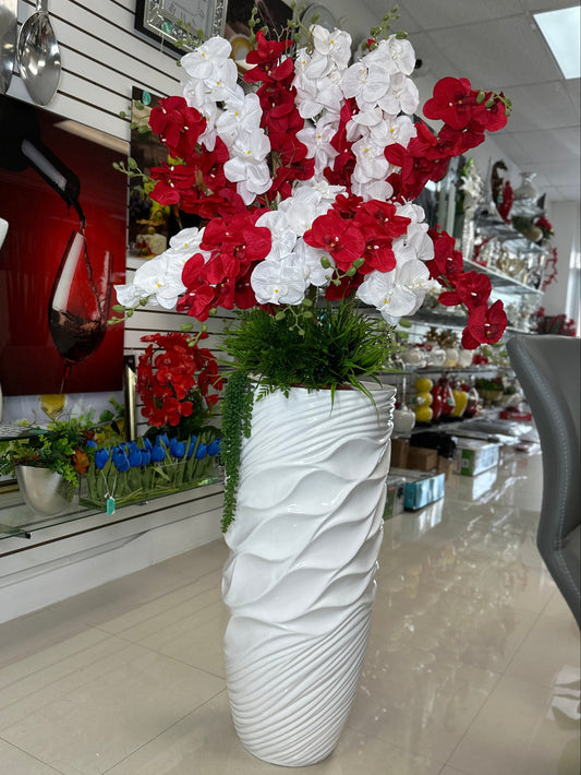 Red and White Orchid Arrangement in Tall White Textured Vase