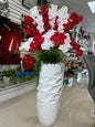 Red and White Orchid Arrangement in Tall White Textured Vase
