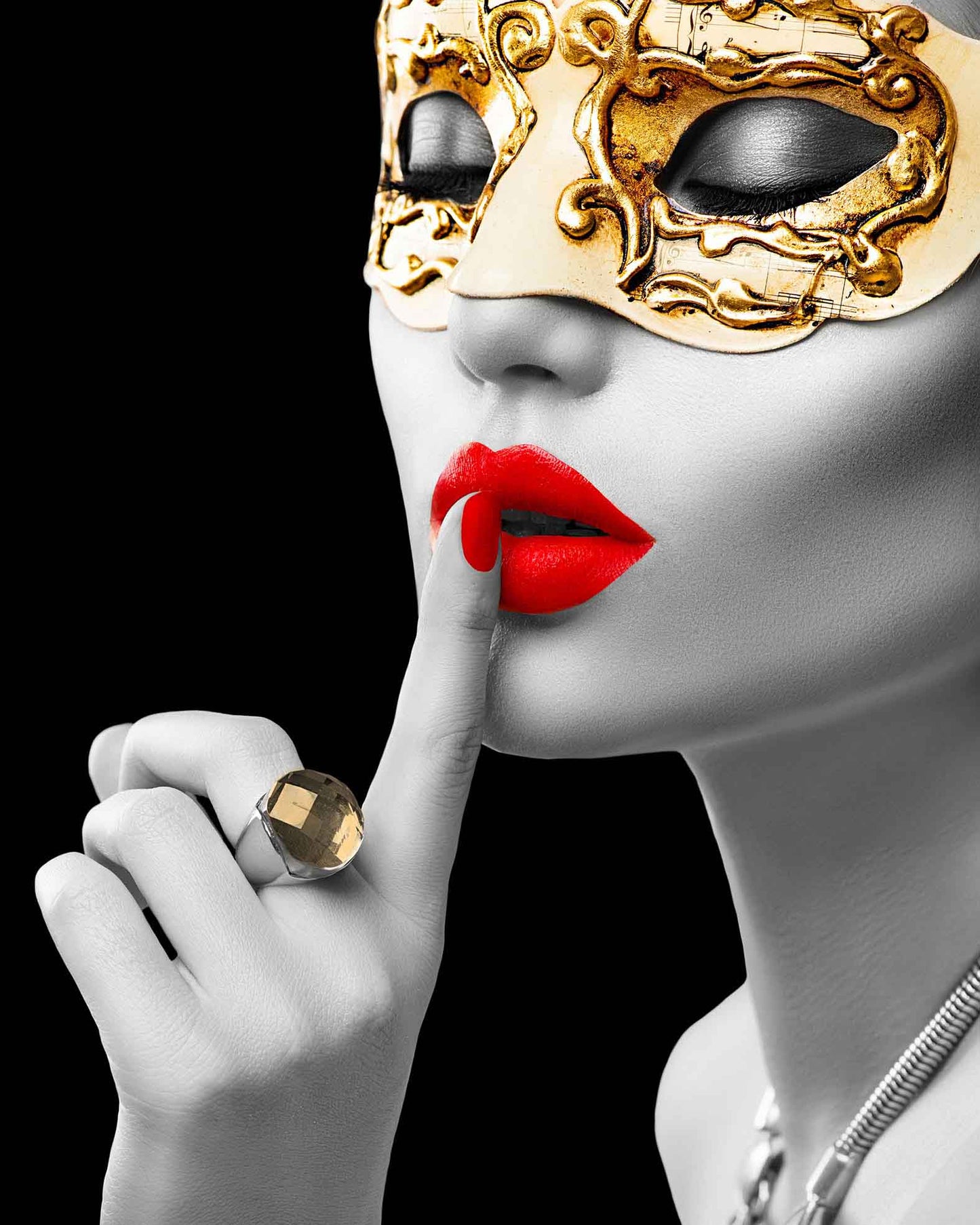 Gold Masquerade Woman Tempered Glass Wall Art 48"x32"