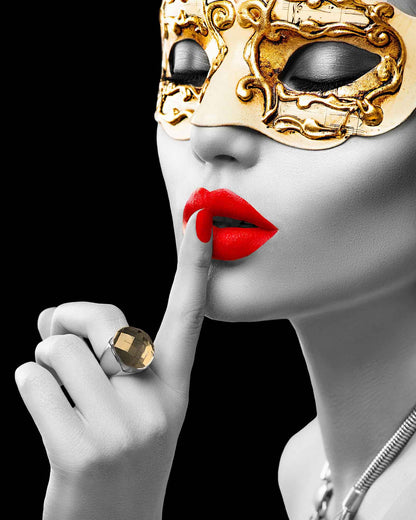 Gold Masquerade Woman Tempered Glass Wall Art 48"x32"