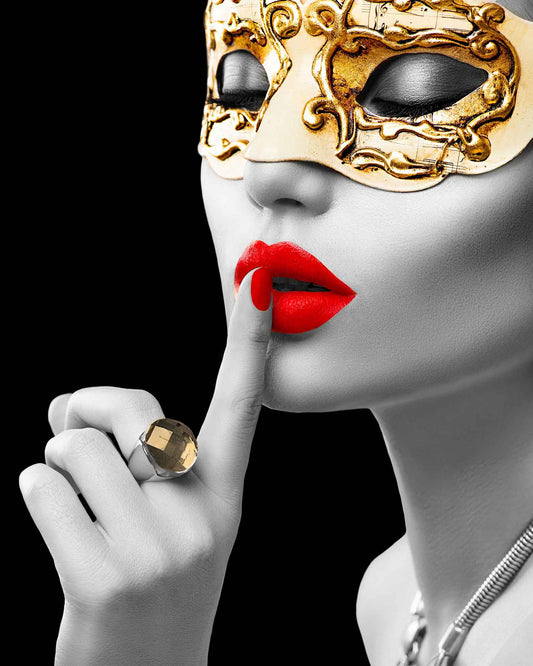 Gold Masquerade Woman Tempered Glass Wall Art 48"x32"