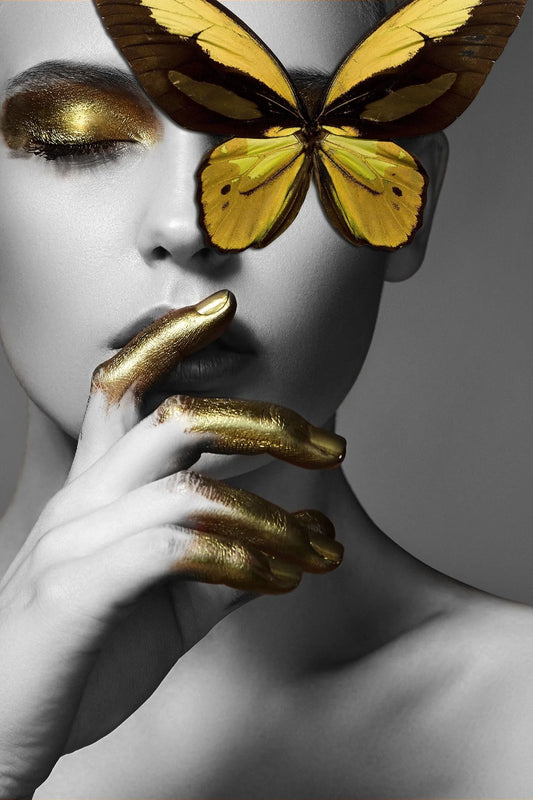Yellow Butterfly Womans Face Glass Wall Art 48"x32"