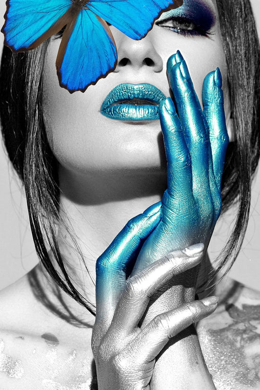 Blue Butterfly on Woman Glass Wall Art 48"x32"