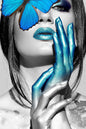 Blue Butterfly on Woman Glass Wall Art 48"x32"